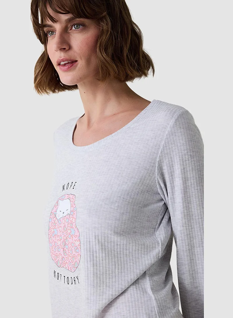 بنتي Not Today Printed U-Neck Long Sleeve Pajama Top